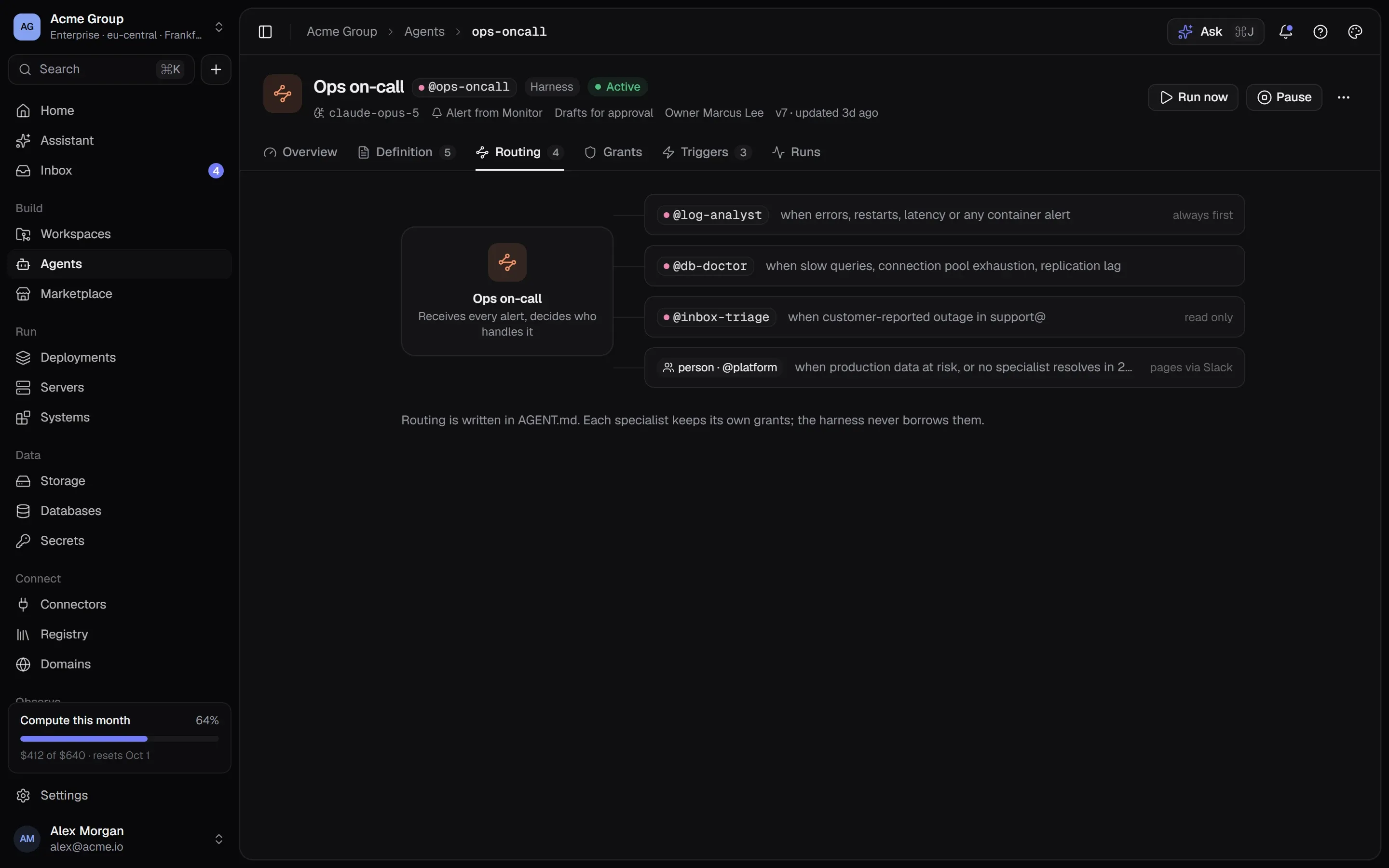 An agent harness called Ops on-call routing alerts to a log analyst, a database doctor, an inbox triage agent and, for production data, a person.