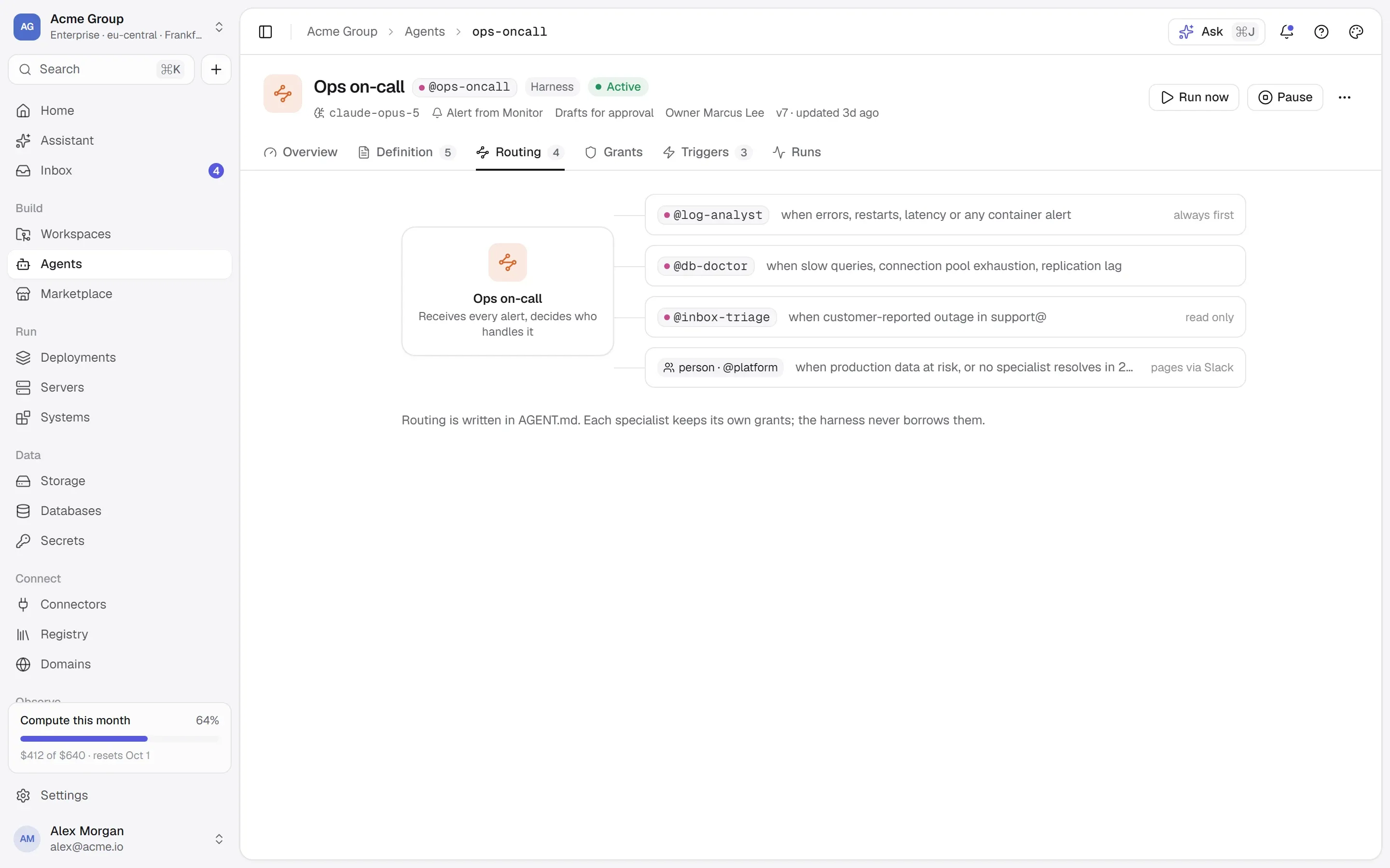 An agent harness called Ops on-call routing alerts to a log analyst, a database doctor, an inbox triage agent and, for production data, a person.