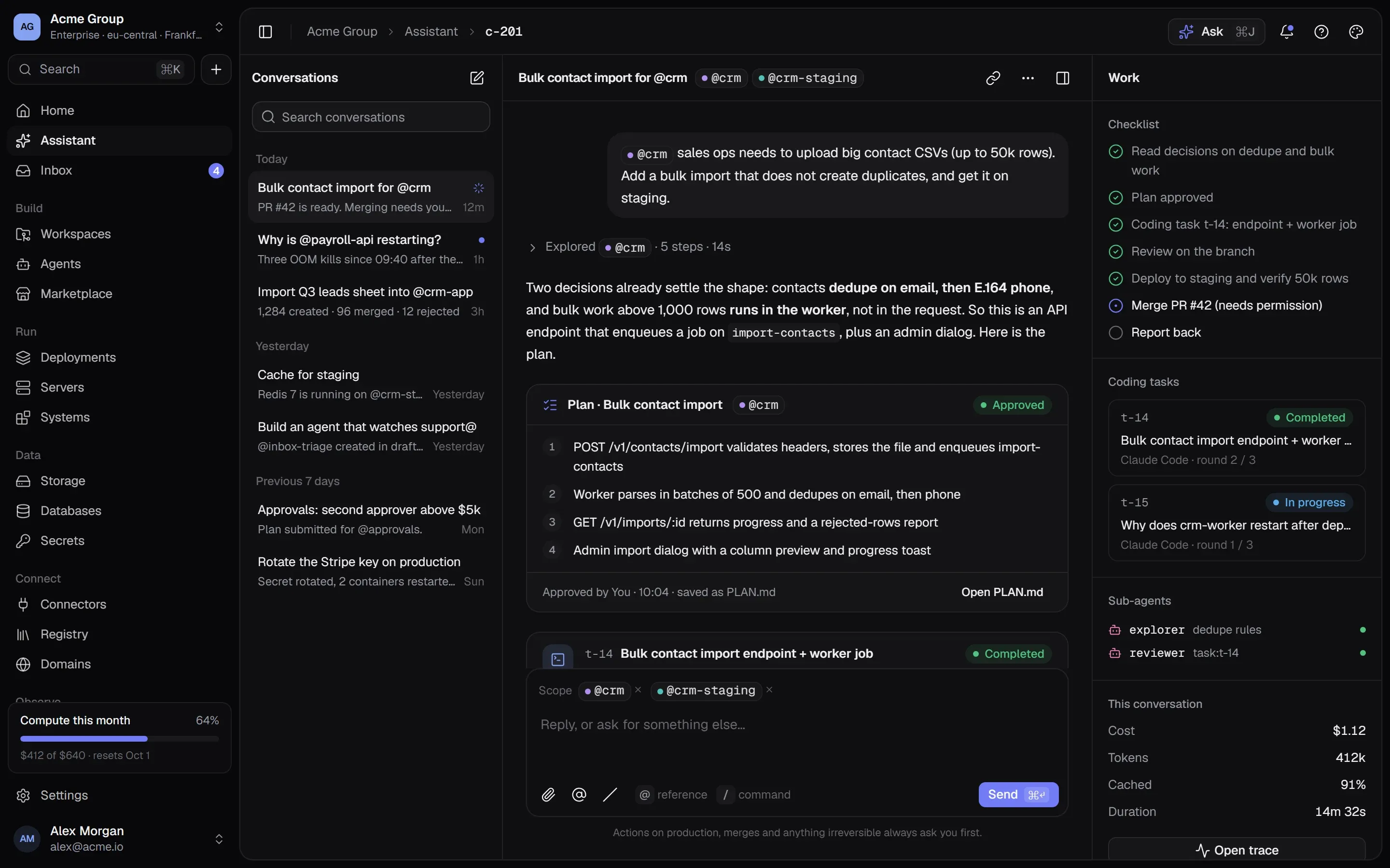 The Assistant: a conversation about a bulk contact import, with an approved plan, coding tasks, sub-agents, a checklist and the conversation’s cost.