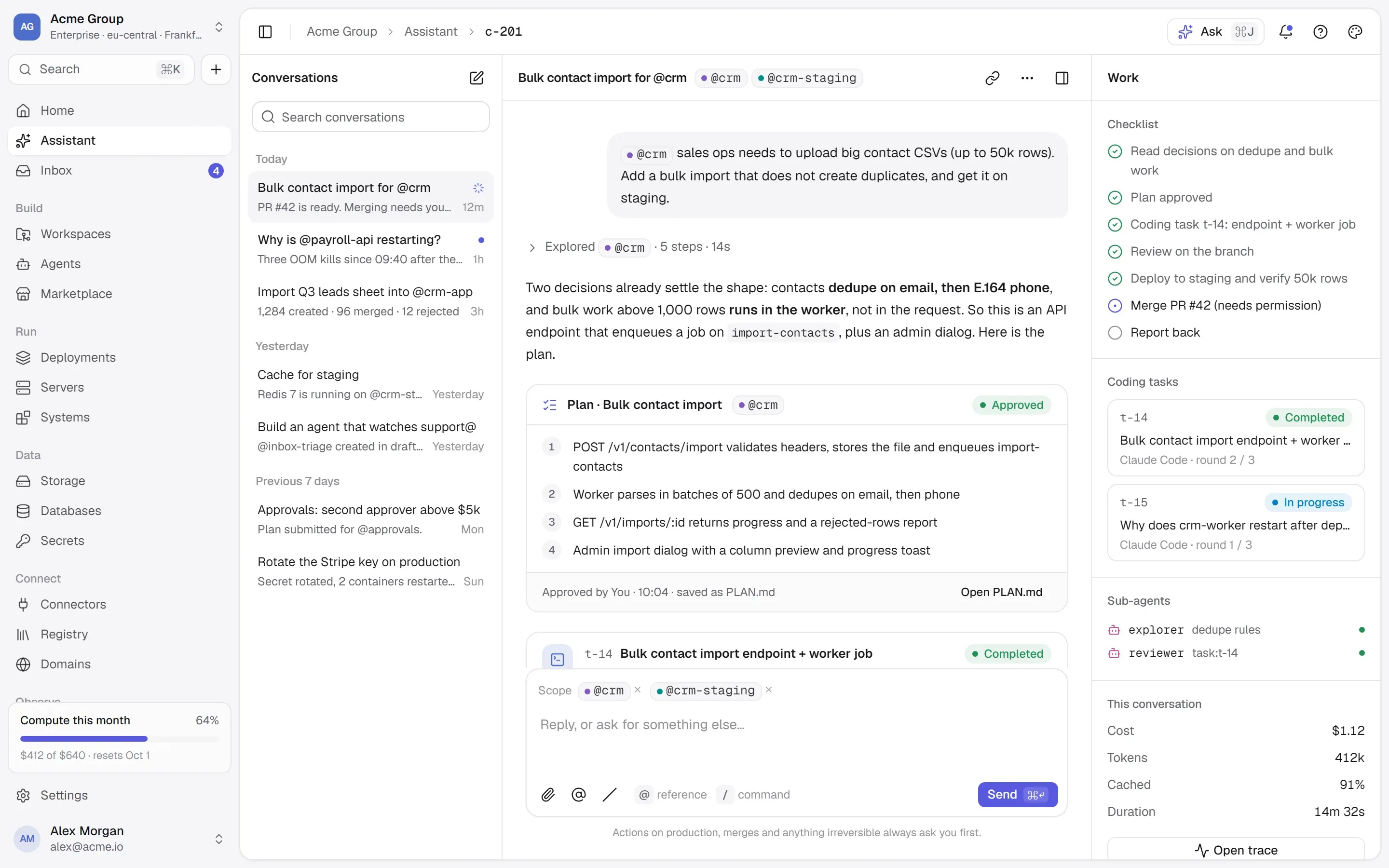 The Assistant: a conversation about a bulk contact import, with an approved plan, coding tasks, sub-agents, a checklist and the conversation’s cost.