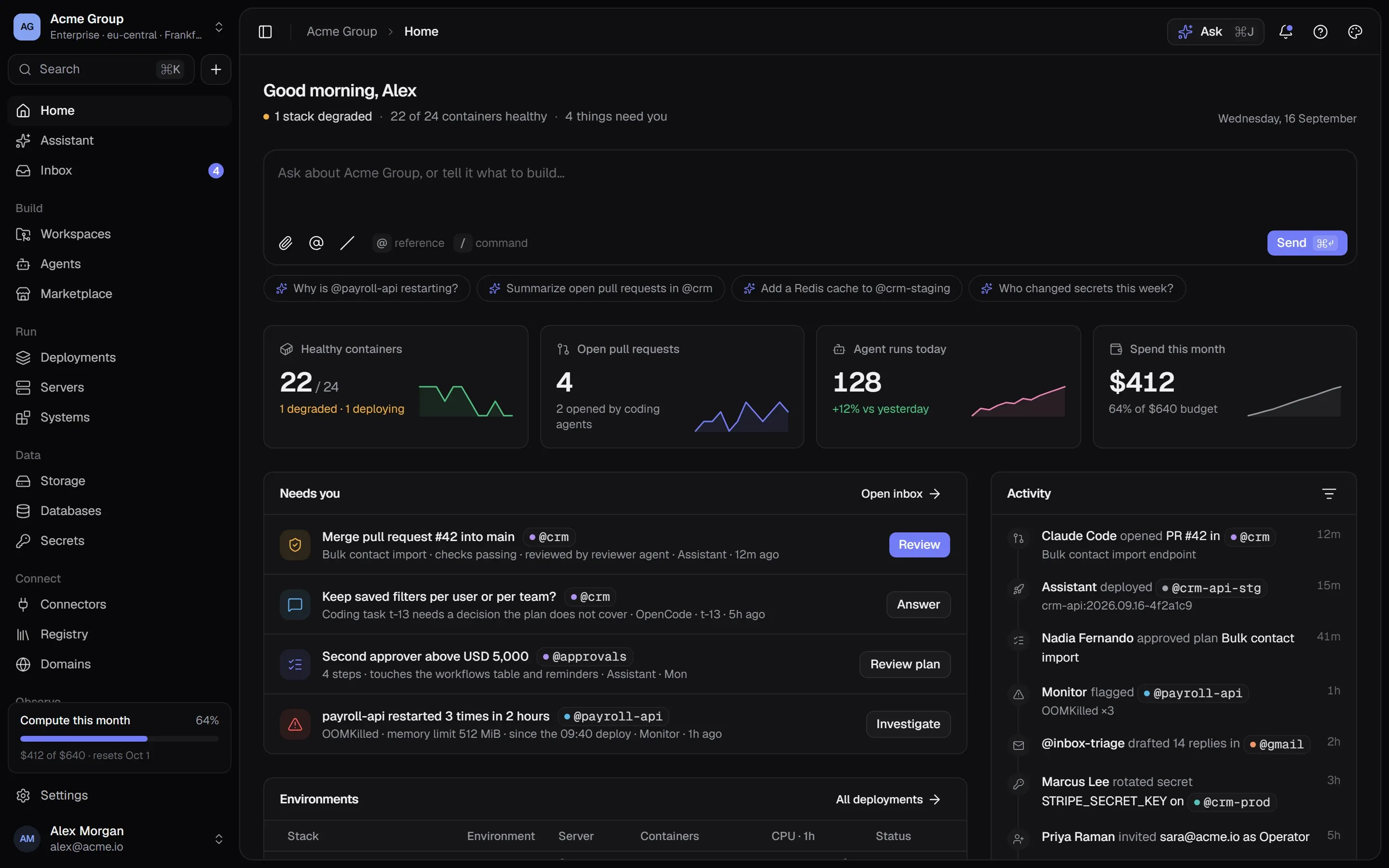 TalkingSuites Home: a box to ask or build, the health of every stack, open pull requests, agent runs, spend this month and the four things that need you.