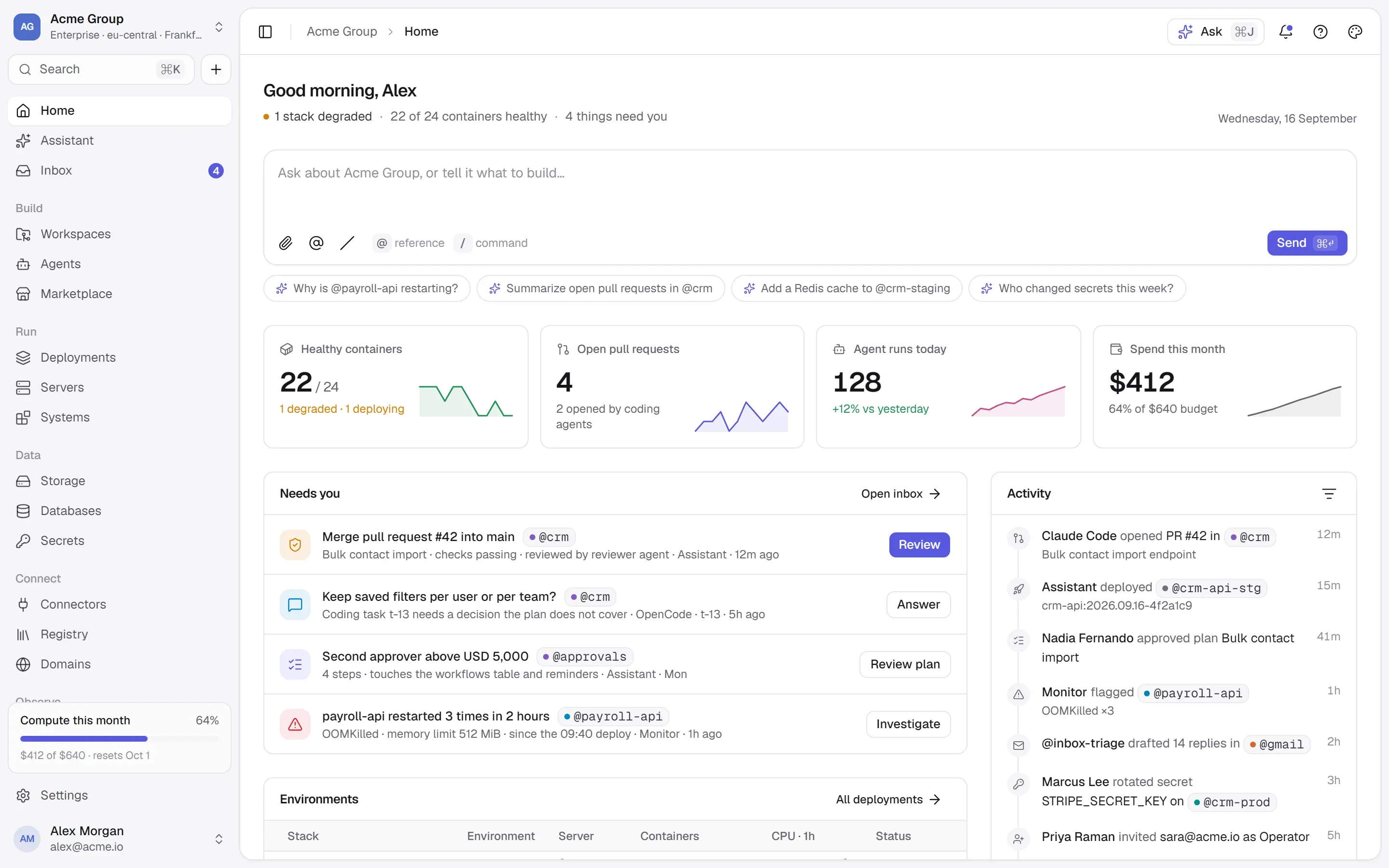 TalkingSuites Home: a box to ask or build, the health of every stack, open pull requests, agent runs, spend this month and the four things that need you.