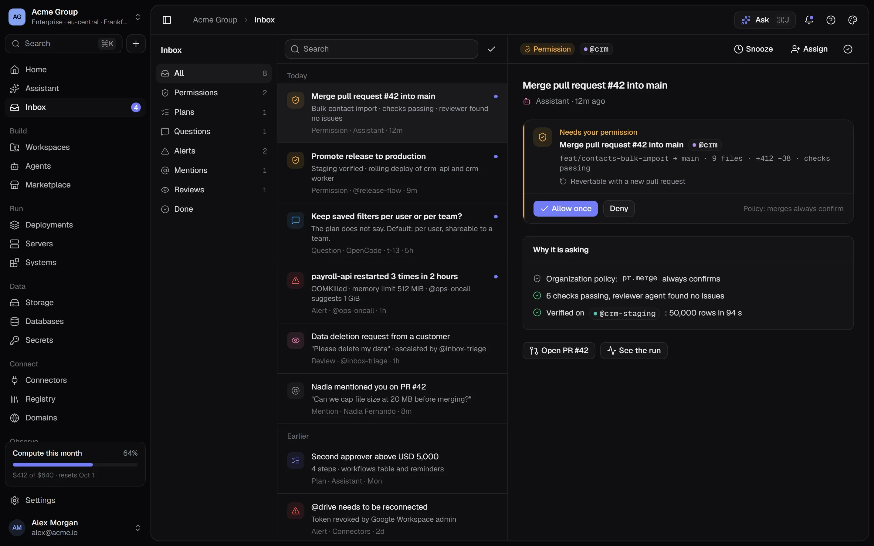 The Inbox: permission requests, plan approvals and questions from agents, waiting for a person.