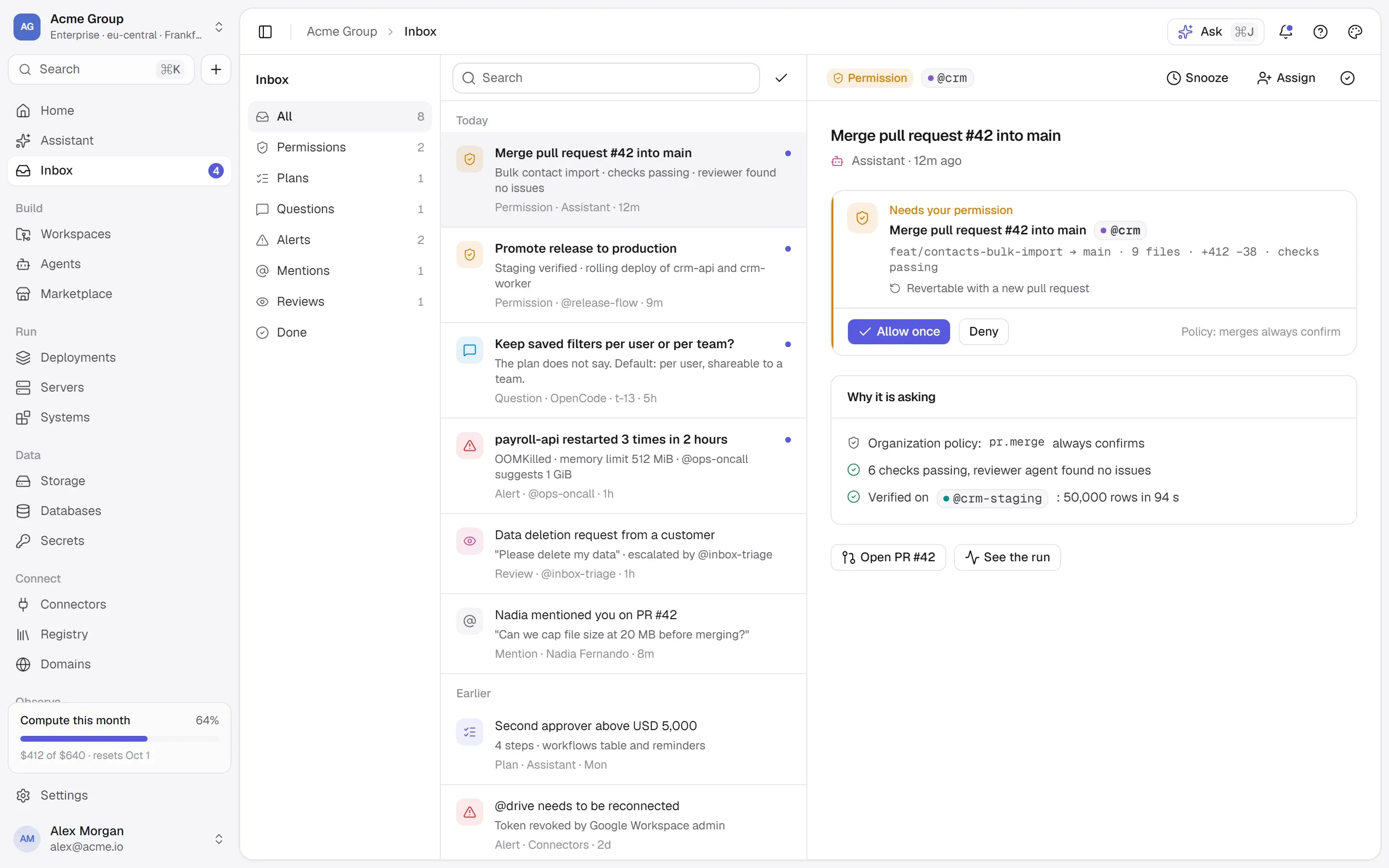 The Inbox: permission requests, plan approvals and questions from agents, waiting for a person.