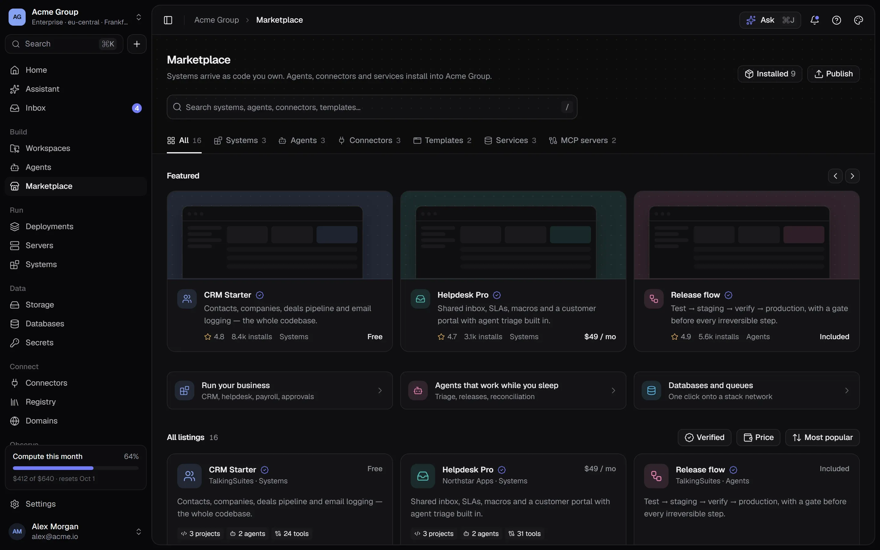 The Marketplace: featured listings, collections and a grid of systems, agents, connectors, templates and services.