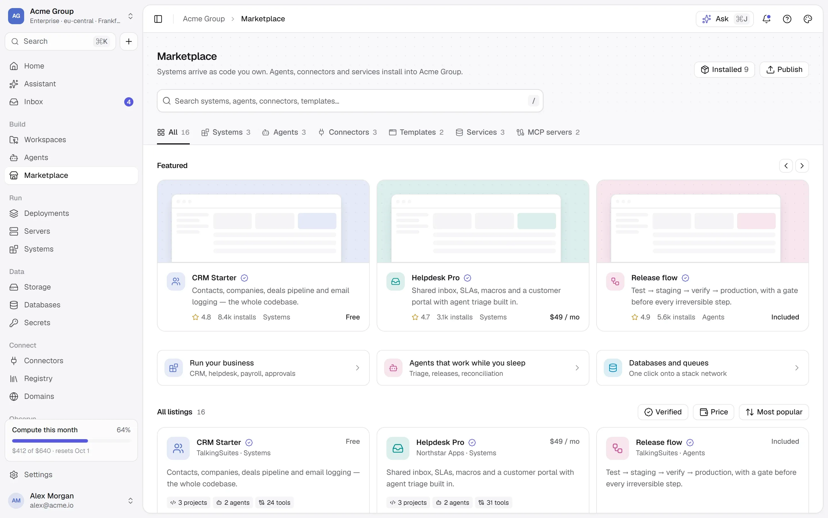The Marketplace: featured listings, collections and a grid of systems, agents, connectors, templates and services.