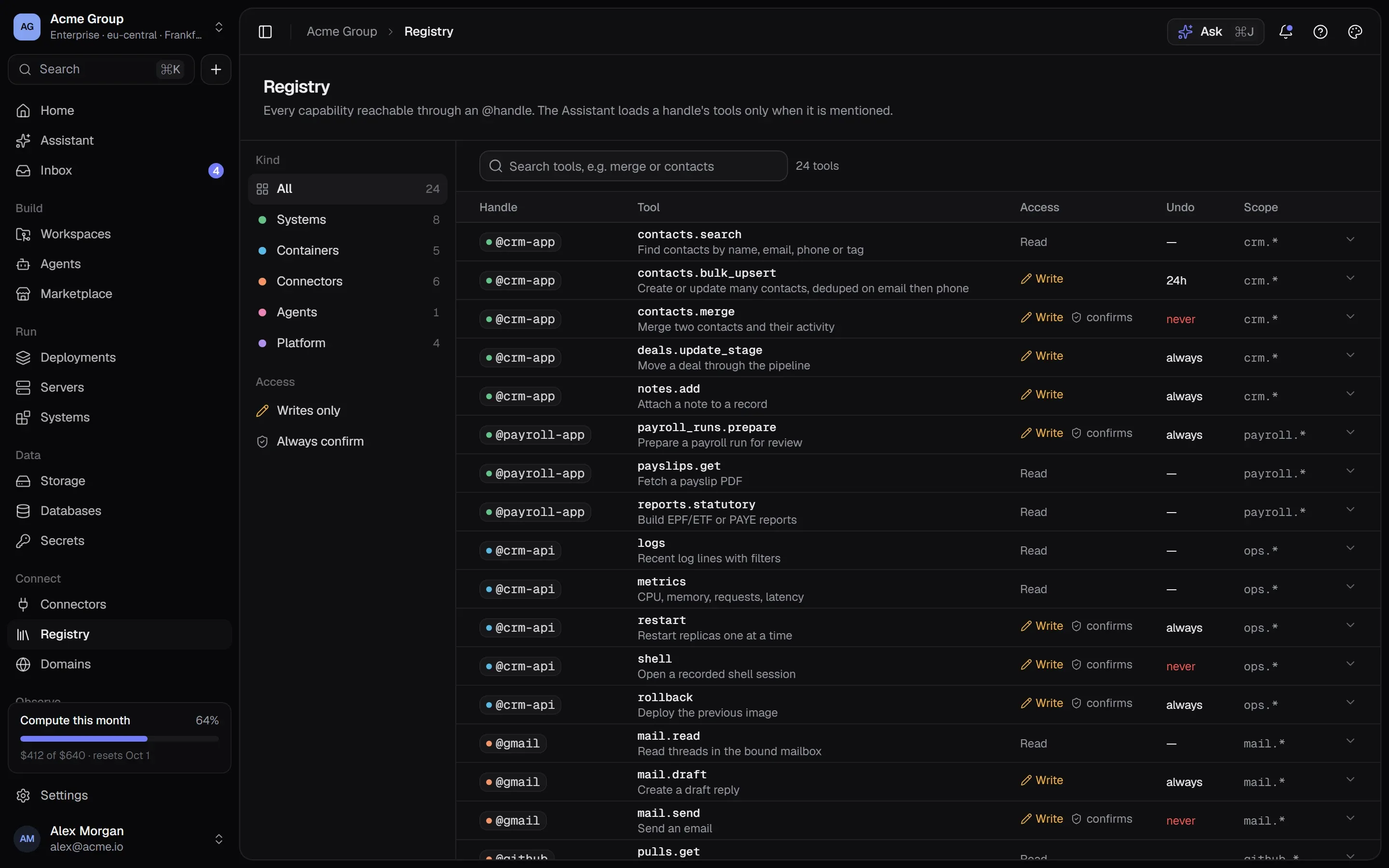The Registry: every tool of every system, marked as reading, writing or destructive, with recent calls.