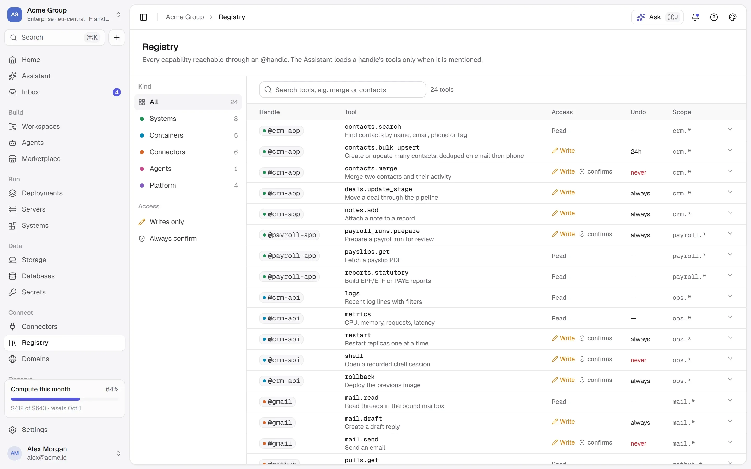 The Registry: every tool of every system, marked as reading, writing or destructive, with recent calls.
