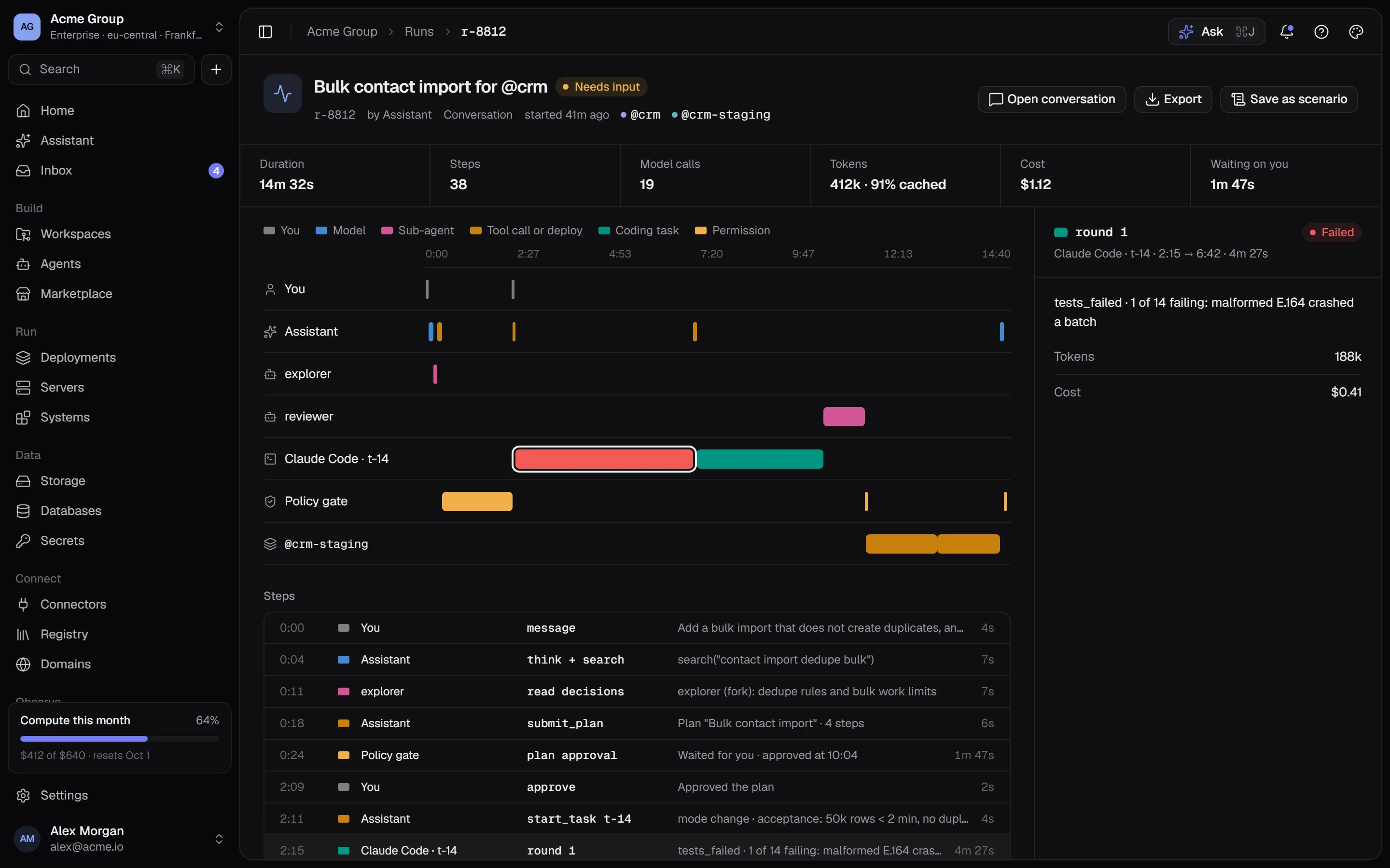A run trace: lanes for the user, the assistant, sub-agents, the coding agent, the policy gate and a staging deploy, with duration, tokens and cost.
