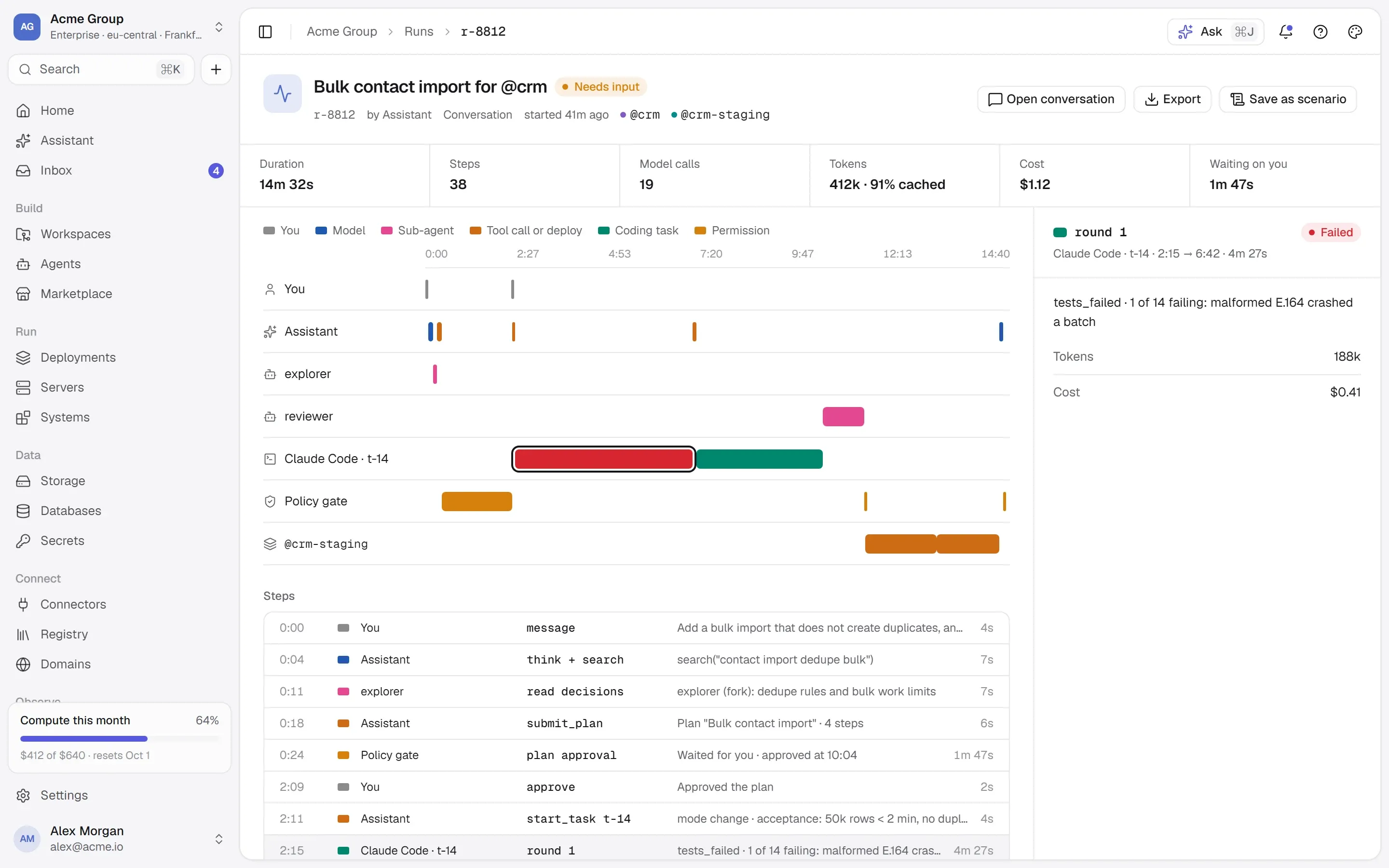 A run trace: lanes for the user, the assistant, sub-agents, the coding agent, the policy gate and a staging deploy, with duration, tokens and cost.
