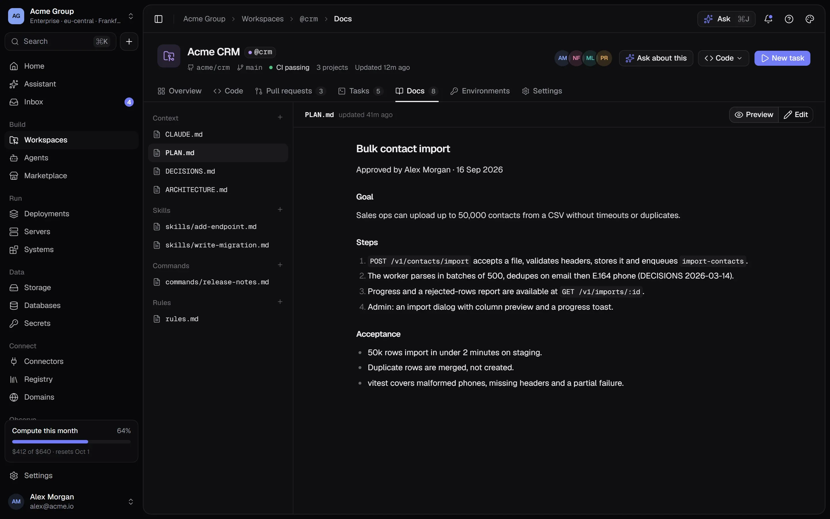A workspace’s documents: CLAUDE.md, skills, commands and rules, rendered.