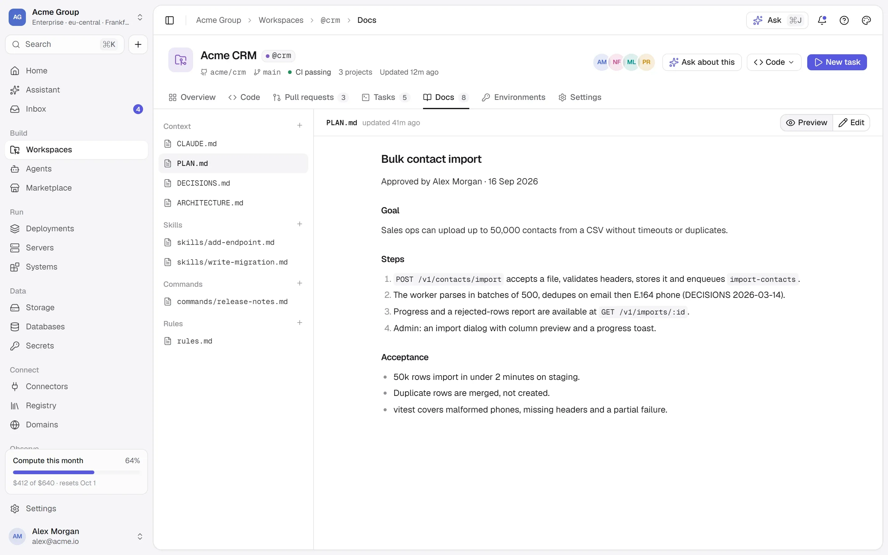 A workspace’s documents: CLAUDE.md, skills, commands and rules, rendered.
